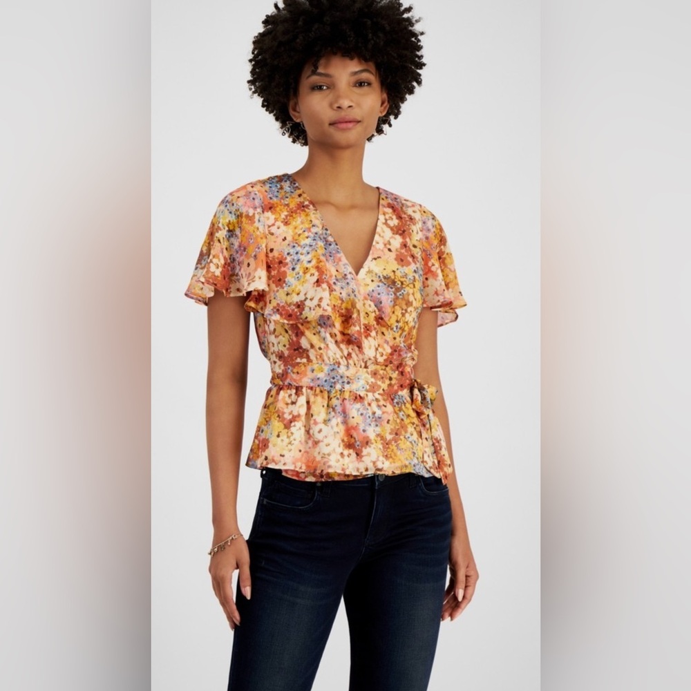 Guess Multicolor Floral Wrap Blouse NWT XL